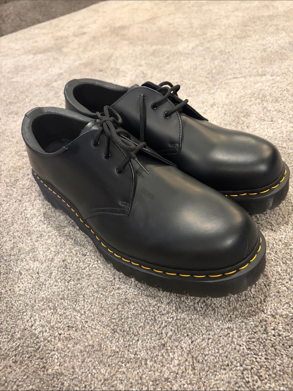Dr. Martens Black Leather Derby Shoes with Yellow Stitching